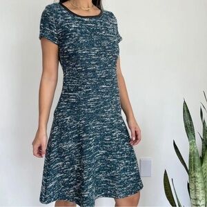 Talbots Dress Womens 14 Green Teal Marled Tweed Faux Leather Trim Fit and Flare